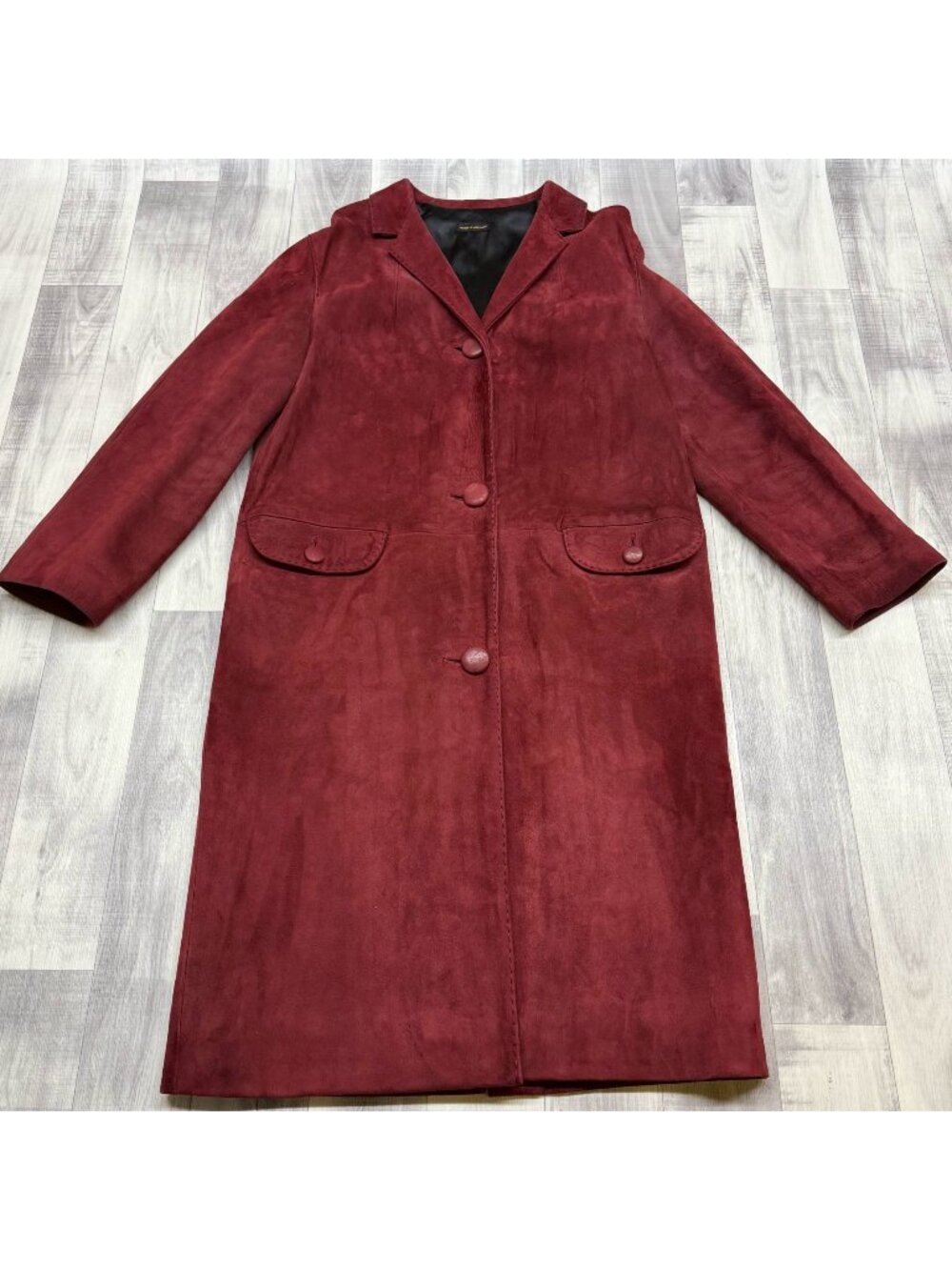 ✅Womens M VTG Burgundy Suede Long Coat Single Breasted Lined Jacket -Belgium